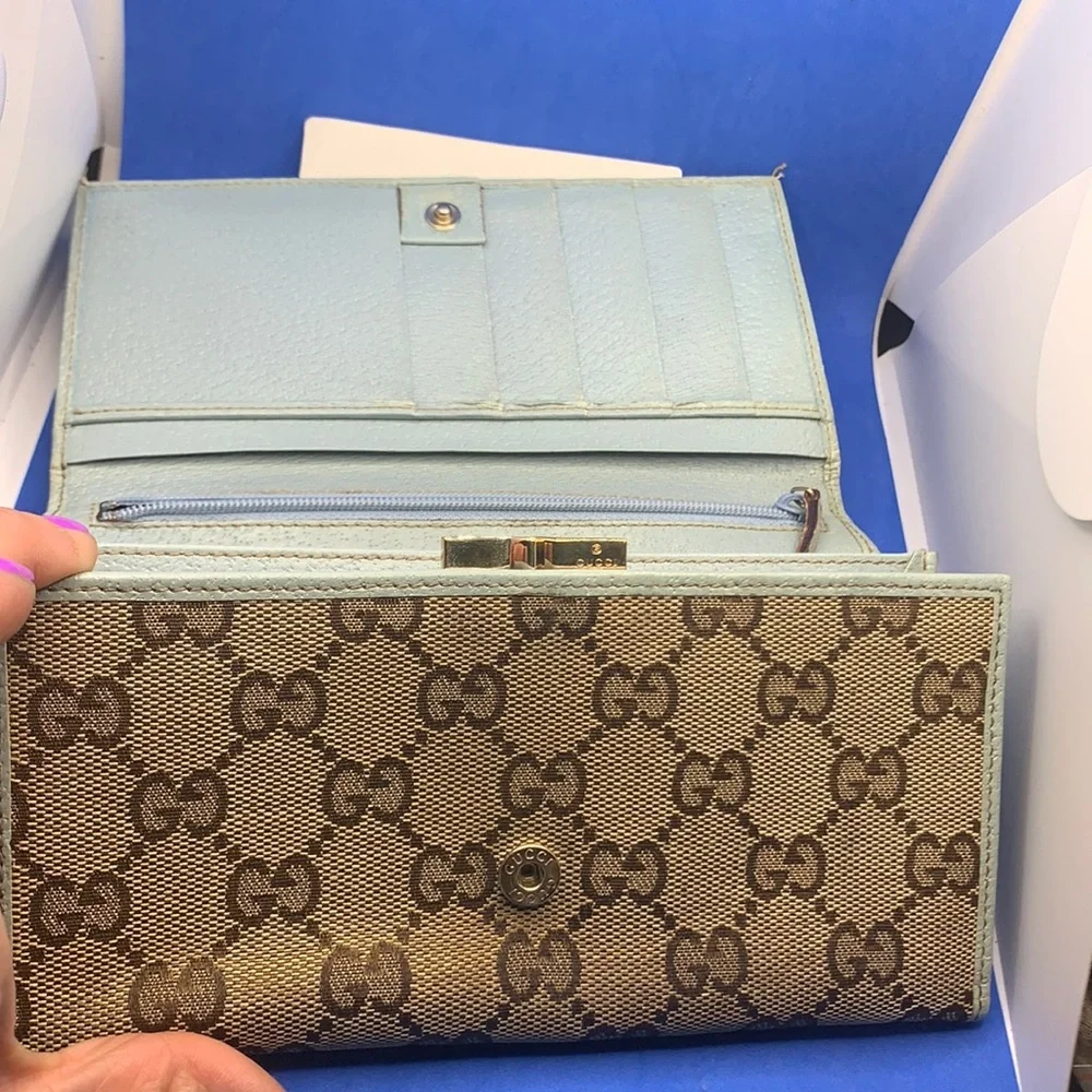 Gucci Guccissima monogram flap wallet brown light blue almost sea foam color. - Picture 6 of 12